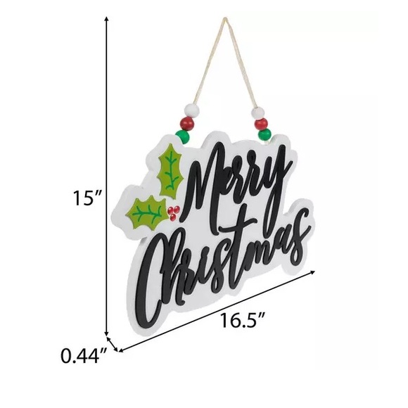 NWT- 15x17- White & Black Merry Christmas Wooden Decor Sign with beaded hanger - Picture 16 of 17